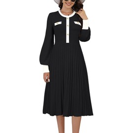 ETCYY Women's Casual Long Sleeve Midi Dress 2024 Striped Fall Sweater Dress Work Button Pleated A Line Ribbed Knit Dresses(XL.Black)