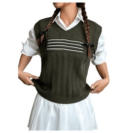 BEAUDRM Women's V Neck Sweater Vest Bow Decor Sleeveless Striped Knit Causal Tank Tops Green X-Large