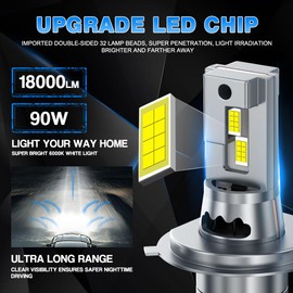 H4 LED Headlight Bulb, 600% Brighter 9003 HB2 LED Bulb 90W 18000LM 6500K, 1:1 Mini Xenon White No-Polarity Plug & Play H4 Headlight Conversion Kit Car High/Low Beam Halogen Replacement, Pack of 2