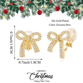 XGALBLA Gold tone Bow Clip on Earrings for Women Trendy Sparkly Cubic Zirconia Bow Clip on Earrings Prom Wedding Party Dress Jewerly Stocking Stuffers for Women Christmas Gifts