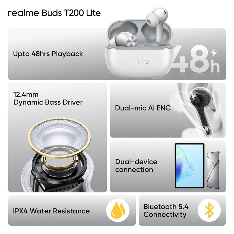 realme Buds T200 Lite Bluetooth in Ear Earbuds, 4 Mic,