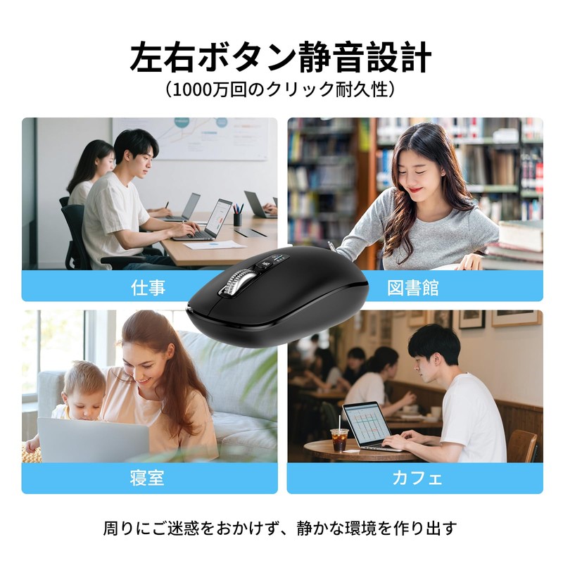 INFINMIND ワイヤレスBluetoothマウス 4方向スクロール 4段階DPI マルチデバイス クリック切替 マルチOS 静音 電池付き 両利き