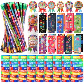 500 Pieces Happy Birthday Gifts Set:100 Pcs Happy Birthday Rubber Bracelets,100 Pcs Happy Birthday Pencils,100 Pcs Happy Birthday Bookmarks and 200 Pcs Happy Birthday Badge Stickers (Style--2)