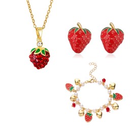 QLUYCKW 3PCS Red Strawberry Jewelry Set for Women Dainty Lovely Sweet Strawberry Fruit Pendant Necklace Fashion Strawberry Rhinestone Bracelet Birthday Party Chic Jewelry, Medium, Alloy Steel