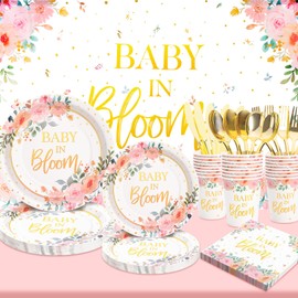 Gudvilla 169 Pcs Baby in Bloom Baby Shower Decorations for Girl , Floral Baby Shower Plates and Cups and Napkins Sets, Serves 24, Pink Baby Shower Plates, Spring Its a Girl Baby Shower Decorations
