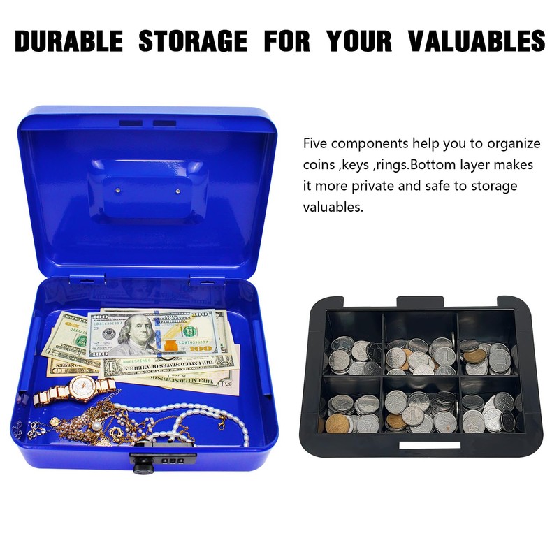 Secure Steel Cash Box with Combination Lock and Removable Tray