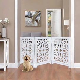 Lightnpro Wooden Pet Gate - Foldable Carved Dog Gate, Extra-Wide Freestanding Indoor Safety Barrier for Dogs & Cats, Perfect for Stairs, Hallways & Home Décor - 24x18 Inch Natural Burnt