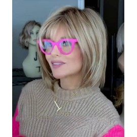 Generic Blonde Highlight Short Pixie bob Wig with Bangs Straight Ombre Blonde Synthetic Wig with Dark Roots Layered Blonde Wigs for Women (Blonde, 32cm)