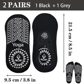 KEYRI 2 Pairs Non Slip Socks Yoga Pilates Socks for Women Girls, Trainer Socks Grippy Socks Floor Sock Anti-Slip Grips & Straps, One Size Breathable Socks for Fitness Ballet (Cotton, 1Black+1Grey)