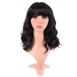 MapofBeauty 14 Inch/35 cm Short Wavy Curly Women Fresh Bright Synthetic Ordinary Flat Bangs Bob Wig (Black Brown)