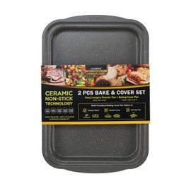 casaWare Ceramic Coated Non-Stick 2pc Bake & Cover Set Ultimate Commercial Weight, 15x10x3-inch Deep Lasagna/Roaster Pan and 14x9.5x3/4-inch Cookie Sheet/Baking Cover Pan with Handles (Silver Granite)