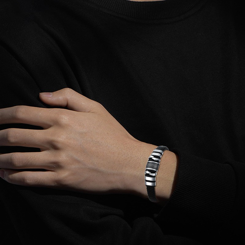 SILBAZ Punk Leather Bracelet for Men Hip Hop Style Stainless