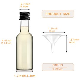 YZXODN 50 Pack 2 oz Mini Liquor Bottles with Labels, Plastic Alcohol Bottles, Airtight Shot Bottles, Little Spirit Bottle with Funnels Black Caps, Hot Sauce Bottle for Cocktail, Party Favors, Weddings