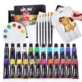 COLORFUL Fabric Paint Set for Clothes with 6 Brushes, 2 Canvases,1 Palette, 24 Colors - Permanent Textile Paint Puffy Paint Kit for Shoes, Canvas - Non-Toxic Slick Painting Set for Adults, Beginner & Artists