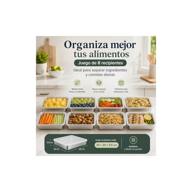 8PCS Recipientes de Acero Inoxidable con Tapas 2100ML, Contenedores para