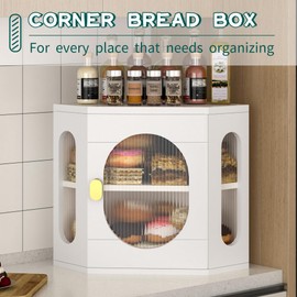 TQQDCI Corner Bread Box for Kitchen Countertop, Large Wooden Bread Box, Double Layer Bread Storage Bin, Bamboo Breadbox for Homemade Bread, Farmhouse Kitchen Organizer with Acrylic Window, White