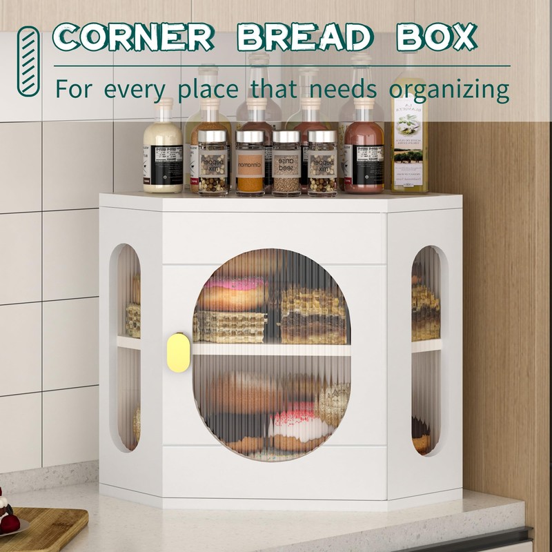 TQQDCI Corner Bread Box for Kitchen Countertop, Large Wooden Bread