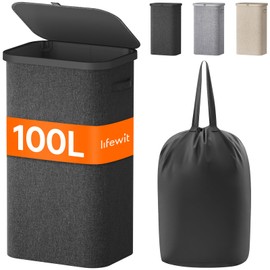 Lifewit 100L Laundry Basket with Lid, Large Laundry Hamper with Plastic Handles and Removable Bag, Foldable Tall Dirty Clothes Hampers for Laundry for Laundry Room, Bedroom, Bathroom, Dorm,Dark Gray