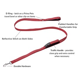 Reflective 6 Feet Nylon Dog Leash with Padded Double Handles, 2 Heavy Duty Dual Neoprene Handles for Control Safety Training Durable Traffic Handle, for Medium to Large Dog (Large - 1" Width, RED)