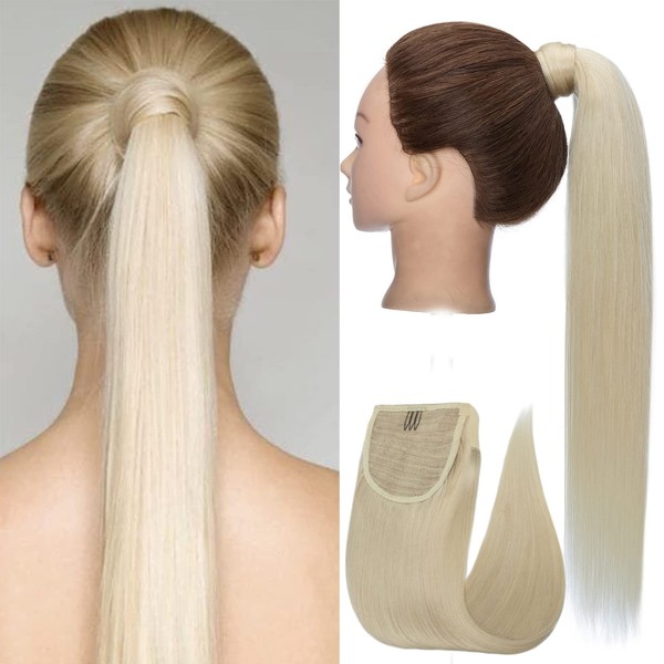 S-noilite Wrap Around Ponytail Hair Extension Human Hair 16" Platinum Blonde One Piece Remy Clip In Ponytail Silky Straight Brazilian Hair Highlighted Wrap Pony Tail 80g(16"Straight,#60)
