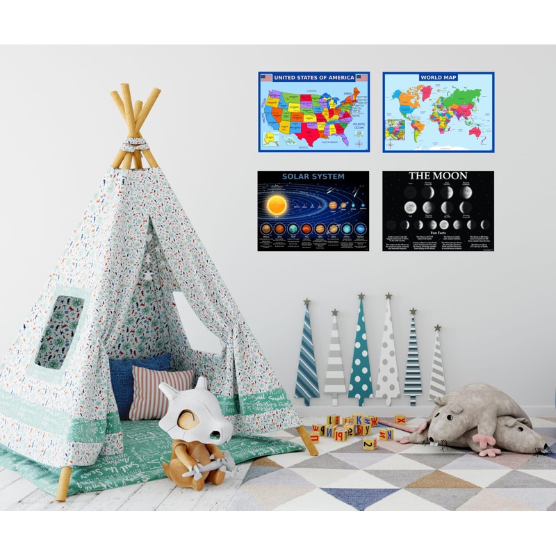 World Map, United States Map, Solar System, and Moon Phases