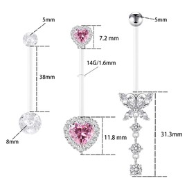 CHARMONLINE 14G Heart Flexible Clear Acrylic Pregnancy Belly Button Ring Butterfly Dangle Pregnancy Maternity Belly Rings (PINK)