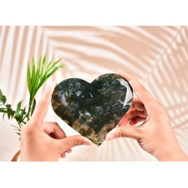 AMOYSTONE - Colección grande con forma de corazón, piedra de musgo, ágata, corazón, roca, muestra mineral, decoración para el hogar, oficina, 4.5-5 pulgadas con soporte de aleación dorada