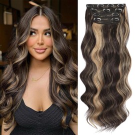 Vigorous Clip in Hair Extensions Long Wavy Synthetic Hairpieces,Natural & Soft Hair & Blends Well Hair Extensions,Easy to Wear for Women Girls Daily Use Event Party Use:_F6/18 Brown mix Blonde （24inch）_4PCS(24inch)