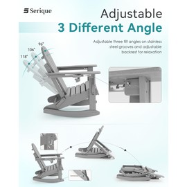 Serique Adjustable Adirondack Rocking Chair with Retractable Ottoman, 4-in-1 Multifunctional Folding Patio Chair with Cup Holder, Outdoor Chair Wood Texture for Lawn, Porch, Backyard, Pool(Grey)