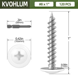 #8 x 1 (120 PCS) Modified Truss Head Wood Screws, Phillips Drive Quick Metal Self Tapping Screws, Cabinet Screws, Carbon Steel, White Head, Full Thread, Screwdriver Bit Included