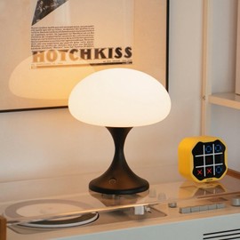 MAGCHARM Mushroom Lamp, 5W LED Cordless Rechargeable Table Lamp with Glass Shade, Small Retro Dimmable Touch Light with 3 Color Temps, Aesthetic Mid Century Bedside Light for Bedroom Ambient, Black