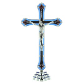 Catholic Gift Shop Silver Standing Metal Crucifix with Blue & Red Enamel (12420)