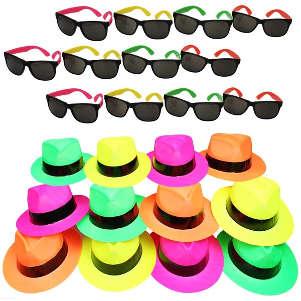 Funny Party Hats Neon Party Supplies - Fedora Party Hats with Party Sunglasses - Gangster Party - 24 Pc Set