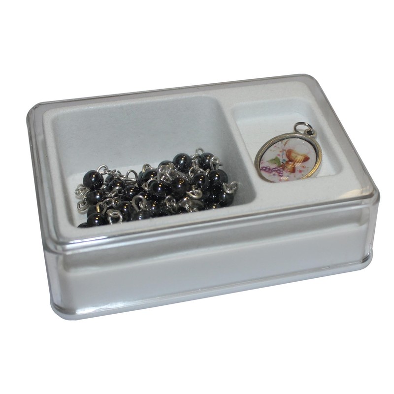 Holy Communion Hematite Rosary and Picture Medal Gift Set