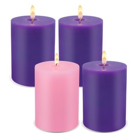 Advent Candles - 4 Unscented Purple Pink Holiday Taper Candles, 2x3 inch, Home Decor, Christmas, Unscented Pillar Candles for Home Dining Rooms; Smokeless, Non-Drip, Burns Clean Emergency Candles