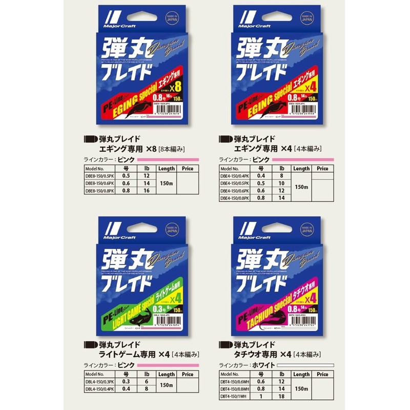 Major Craft Dangan Braid PE Fishing Line, 4 Strand Braided, 656.2