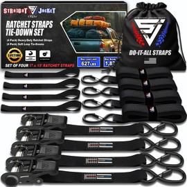 Ratchet Tie Down Straps (4 Pack) - 1,823lb Max Break Strength incl. (4) Heavy Duty 1" x 15' Rachet Tie Downs with Hooks & Handles Best for Moving Securing Cargo by Straight Jacket Crew (Black)