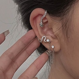 Aneneiceera Vintage Crystal Snake Cuff Wrap Earrings Silver Emerald Snake Cartilage Climber Earrings Dangle Chain Cuff Earrings Punk Serpent Climber Crawler Earrings Gothic Clip on Earrings CZ Wrap Around Earrings Jewelry for Women