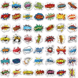 50PCS Cartoon Superhero Party Stickers for Kids Surprise Stickers Superhero Sign Cutout Stickers for Gift Boom Wow Bang Pow Stickers for Water Bottles Loptop