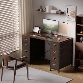 Pamray 47 Inch Computer Desk with 8 Fabric Drawers and Power Outlet PC Gaming Desk Home Office Study Work Writing Table for Bedroom Brown