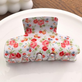 French Countryside Style Vintage Floral Print Hair Claws Non Slip 3.3" Hair Clips for Women Girls Medium Thick Hair, White Floral A