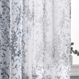 Kotile White Grey Sheer Curtains 96 Inch Length, Rustic Vintage Branch Leaf Print Sheer Curtains 2 Panels Set for Living Room, Privacy Floral Sheer Window Curtain Panels, 50 x 96 Inch, Grey