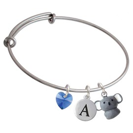 Delight Jewelry Resin Koala Bear - Crystal Heart and Pebble Initial Custom Charm Bangle Bracelet