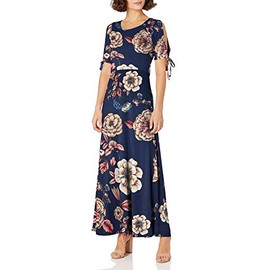 Star Vixen Women's Petite Short/Slit Sleeve Keyhole-Back Skater Seam Maxi Dress, Navy Ground Floral, PL