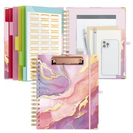 EYROZILL Spiral Binder Organizer with 5-Tab Dividers, Clipboard Portfolio with Storage Pockets for School Office Supplies, Nurse, Teacher, Resume, A5 Folder, Half Letter Size, Pink Marble