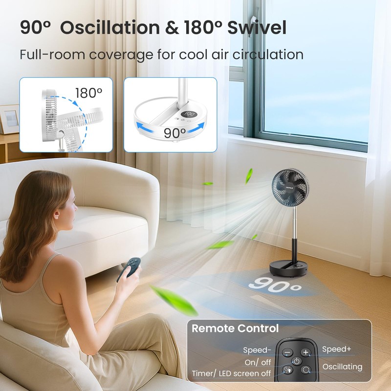 TriPole Portable Standing Fan, 8000mAh Rechargeable Oscillating Fan with Remote,
