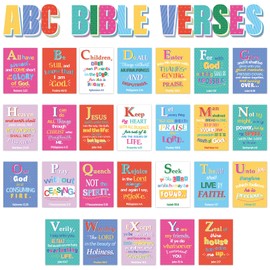 29Pcs ABC Bible Verse Poster Christian Scripture Bulletin Board Sunday School Classroom Decorations Religious Inspirational Quotes Poster for Back to School Church VBS Classroom Home Wall Decor