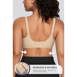 OEAK Womens Comfortable Bras Wireless V Neck Bra Full Coverage Bralettes Seamless Tshirts Bras Push Up Bras with Extender Oatmeal XL