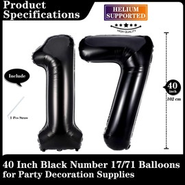 Black 17 Number Balloons, 40 Inch Giant Number 17 Balloons Foil Mylar Helium Black Number Balloons for 17th Birthday Party Supplies Anniversary Event Celebration Decorations