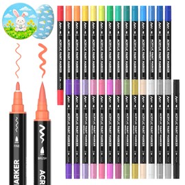 Shuttle Art 28 Colors Dual Tip Acrylic Paint Markers, Brush Tip and Fine Tip Acrylic Paint Pens for Rock, Ceramic, Wood, Canvas, Plastic, Glass, Stone, Calligraphy, Card Making, Crafts & Nail Art